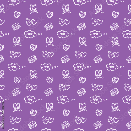 Seamless pattern, hand drawn doodle elements, purple ink collection