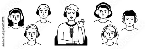 Podcast concept. A podcaster, a blogger with headphones, speaks into a microphone, greets audience, listeners. Flat vector in trendy style