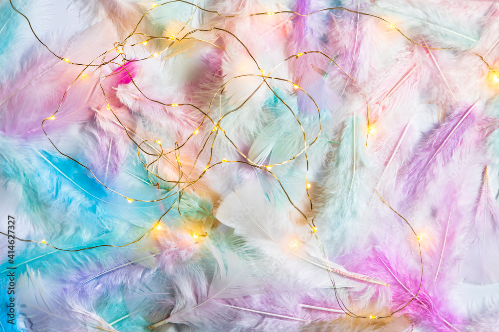 different colored feathers texture with christmas lights. background or copy space