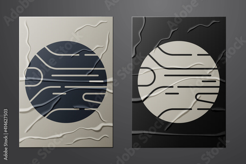 White Planet icon isolated on crumpled paper background. Paper art style. Vector.