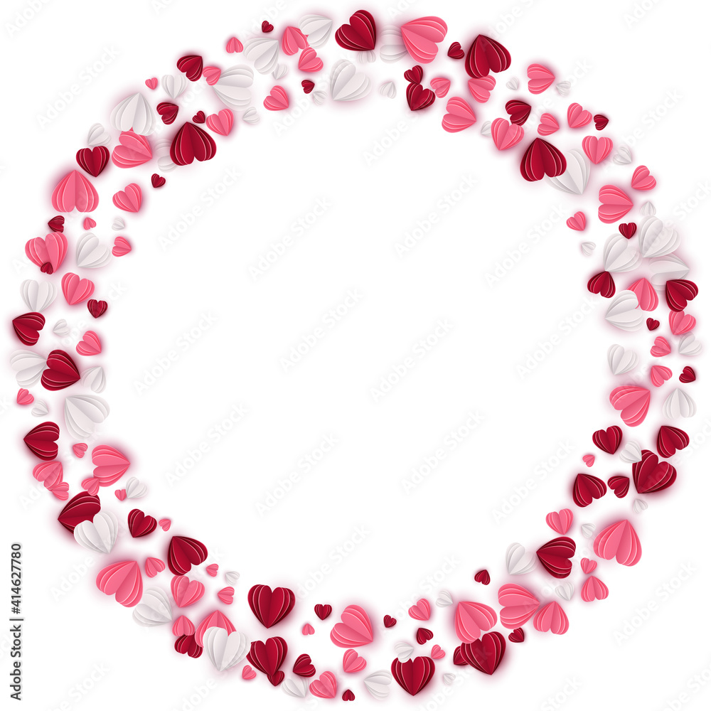 Wreath of hearts in red, rose pink and white colors on white background. Romantic circle wreath. Paper cut decorations for Valentines day design. Vector illustration Wreath of hearts in red, rose pink and white colors on white background. Romantic circle wreath. Paper cut decorations for Valentines day design. Vector illustration