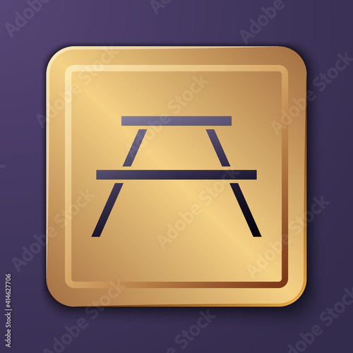 Purple Picnic table with benches on either side of the table icon isolated on purple background. Gold square button. Vector.