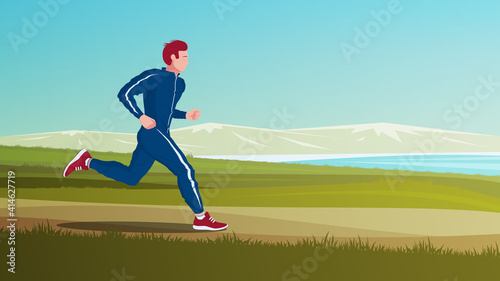 A runner in a blue tracksuit. Morning jog in nature. © Цецен Убушиев