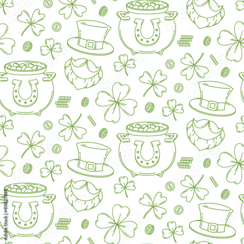 St. Patrick's Day seamless pattern, doodle holiday symbols
