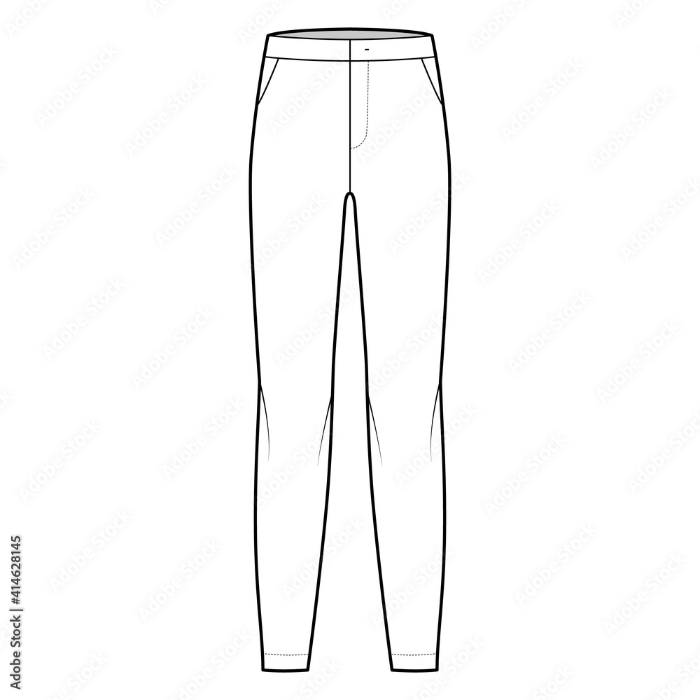 Pants flat front technical fashion illustration with low waist, rise, full length, slant slashed pockets. Flat casual bottom trousers apparel template white color. Women men unisex CAD mockup