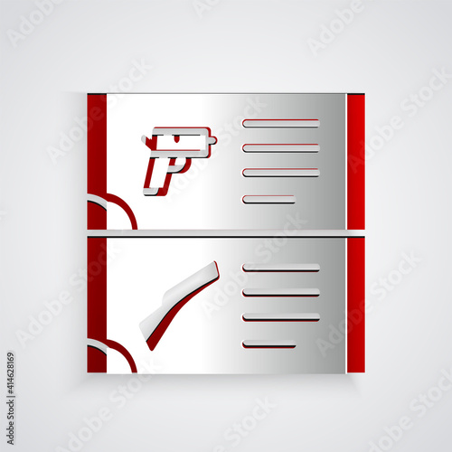 Paper cut Weapon catalog icon isolated on grey background. Police or military handgun. Small firearm. Paper art style. Vector.