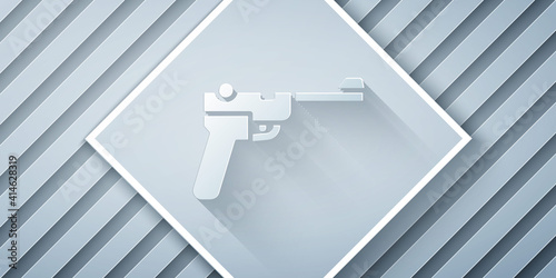 Paper cut Mauser gun icon isolated on grey background. Mauser C96 is a semi-automatic pistol. Paper art style. Vector.