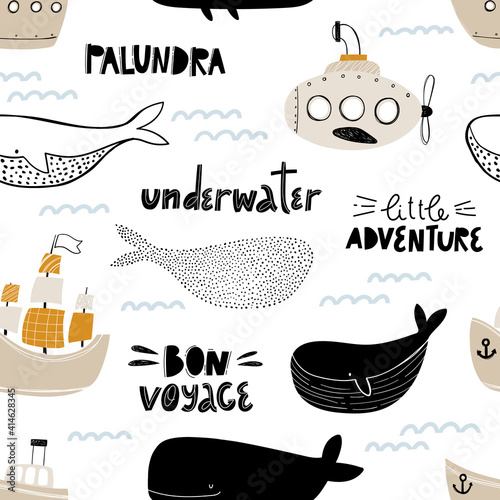 Vector hand-drawn colored childish seamless repeating simple flat pattern with whales and boats in scandinavian style on a white background. Cute baby animals. Pattern for kids with whales.
