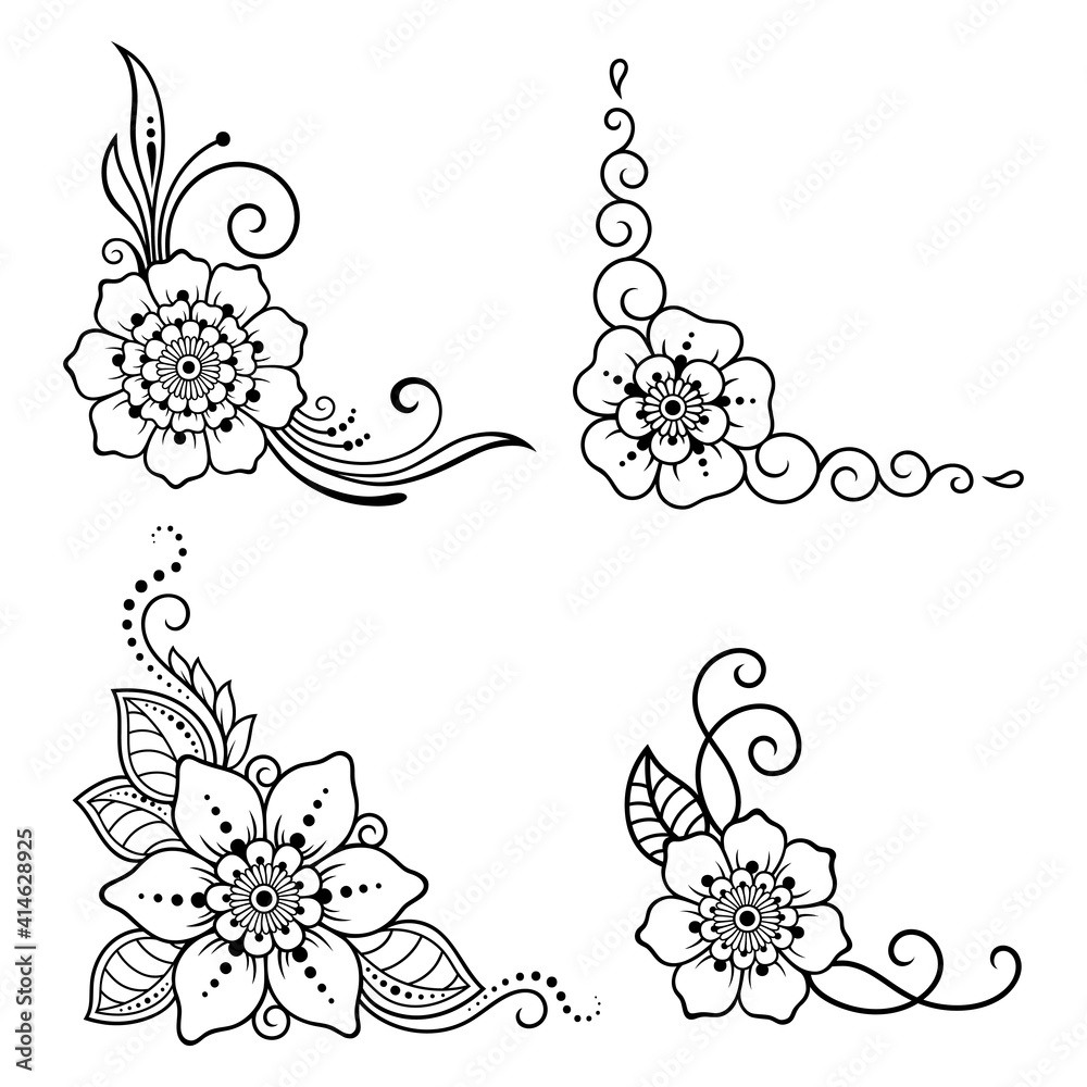 Set of mehndi flower pattern for henna drawing and tattoo. decoration  canvas prints for the wall • canvas prints lotus, abstract, border |  myloview.com