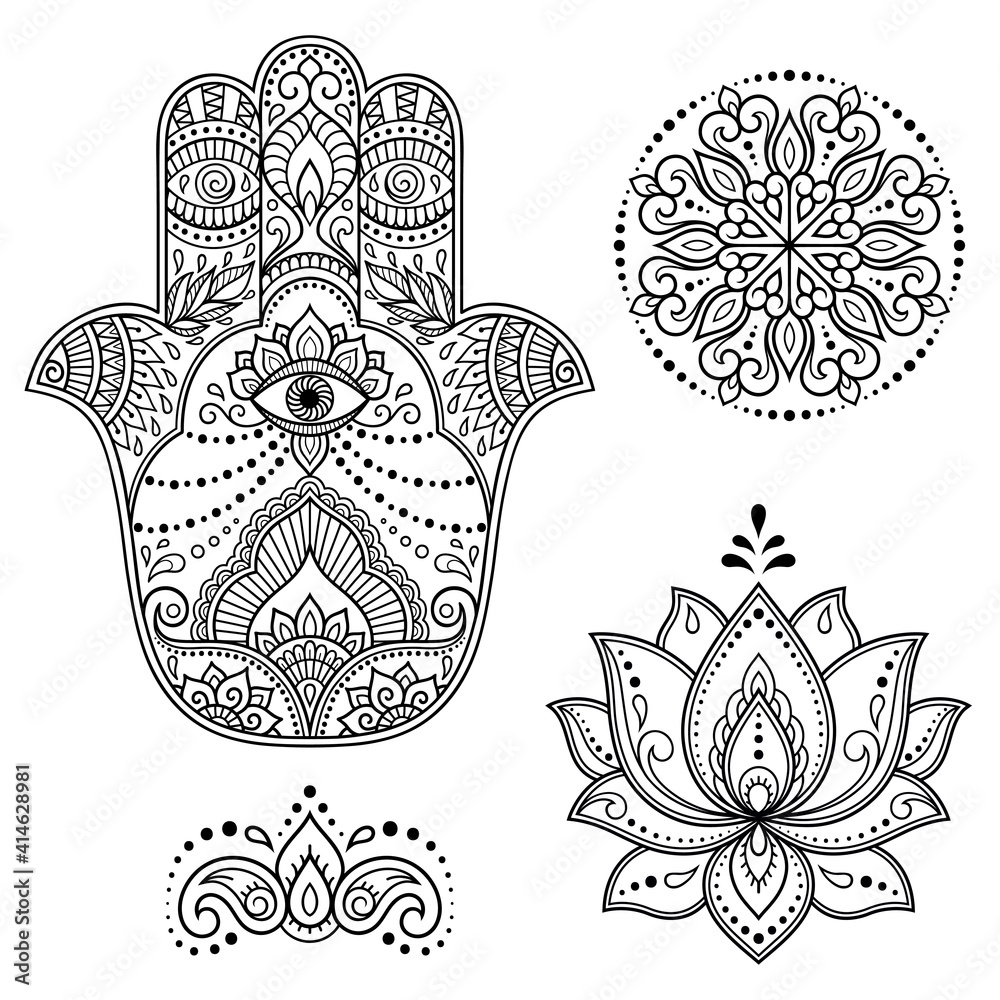 Set of Hamsa hand drawn symbol, lotus flower and mandala. Decorative ...