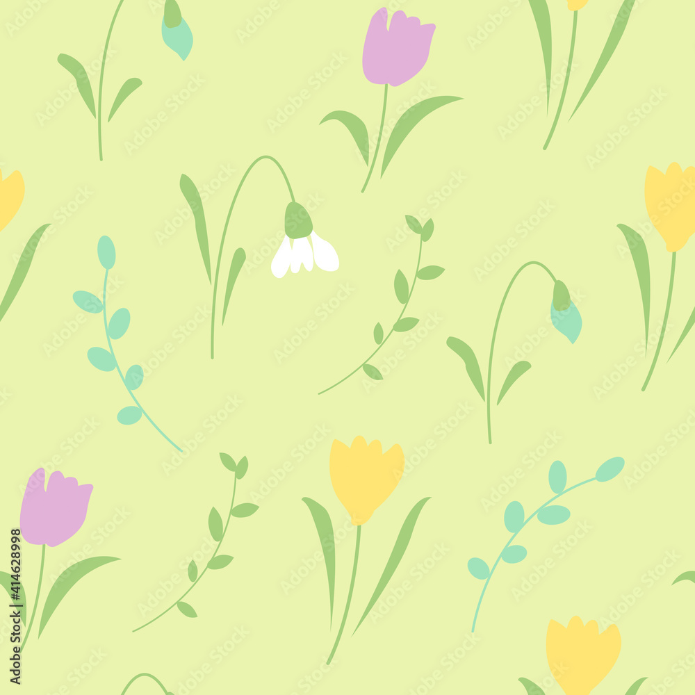 seamless background floral with flowers of spring ,tulips and snowdrops,vector