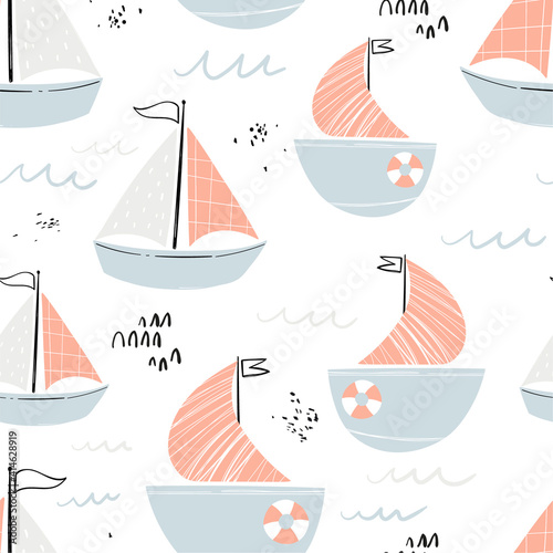 Vector hand-drawn color seamless repeating childish simple pattern with cute ships in Scandinavian style on a white background. Children's pattern with ships. Sea print. Submarine.