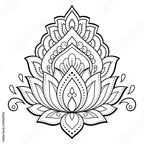 Lotus mehndi flower pattern for Henna drawing and tattoo. Decoration in oriental, Indian style. Doodle ornament. Outline hand draw vector illustration.