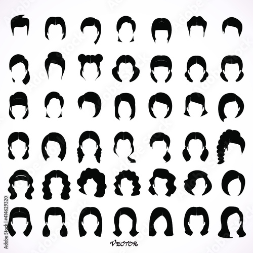 Big set of black hair styling for woman. Hairstyle - stock vector.