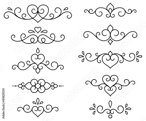 Calligraphic decorative dividers. Set of retro text design elements. Curls, frames, swirl, flourishes, scrolls for the design of letter, postcard, diploma, books and other texts. Vector illustration.