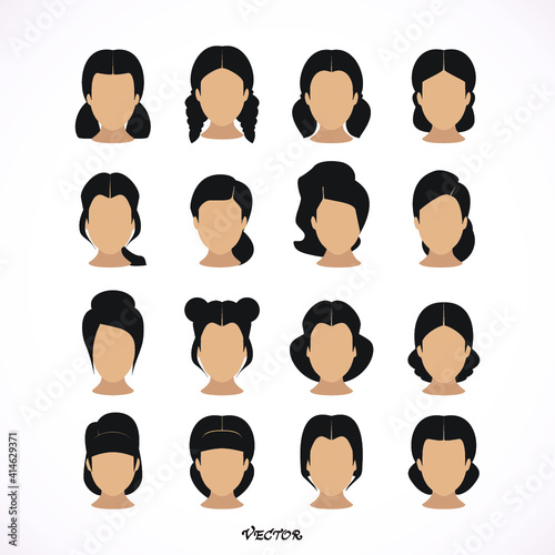 brunette girl hairstyles vector icon set isolated on white background.