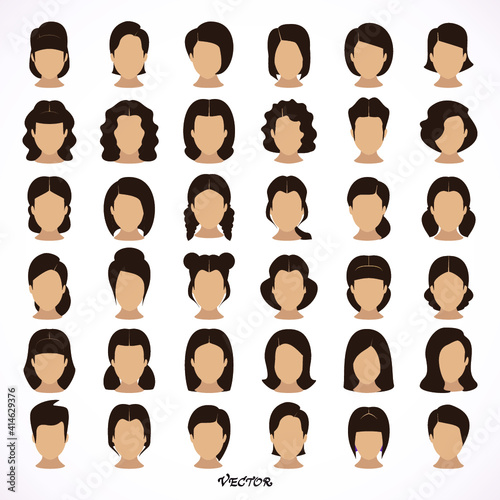 brunette girl with collection of different hairstyle fashion