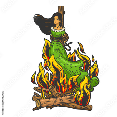 Woman witch is burning in flames color sketch engraving vector illustration. T-shirt apparel print design. Scratch board imitation. Black and white hand drawn image.