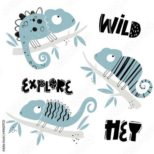 Vector hand-drawn colored childish set with chameleons in scandinavian style on a white background. Cute baby animals. Lizard. Greeting card design. Trendy scandinavian print.
