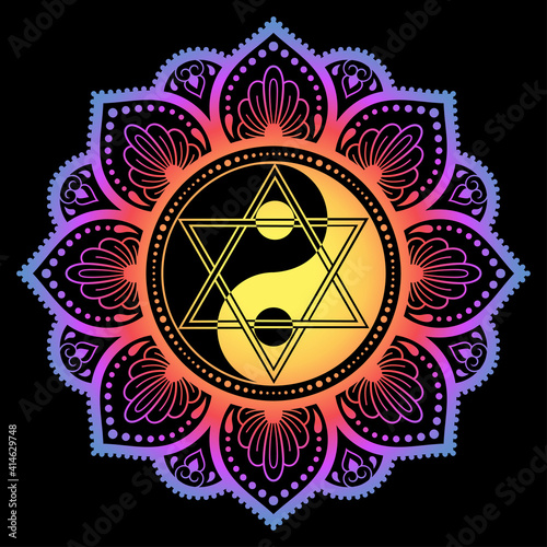 Circular pattern in form of mandala with flower, Yin-yang symbol and star of David for Henna, Mehndi, decoration. Decorative ornament in ethnic oriental style. Rainbow pattern on black background.