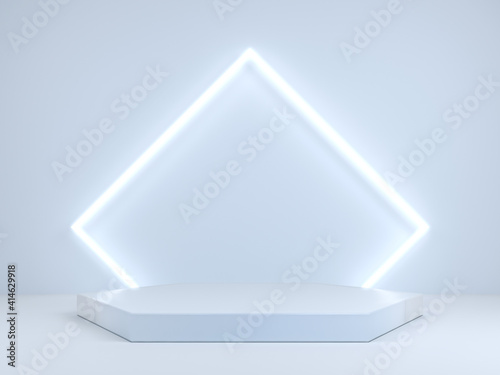Empty podium for products display and neon light frame background. 3d rendering