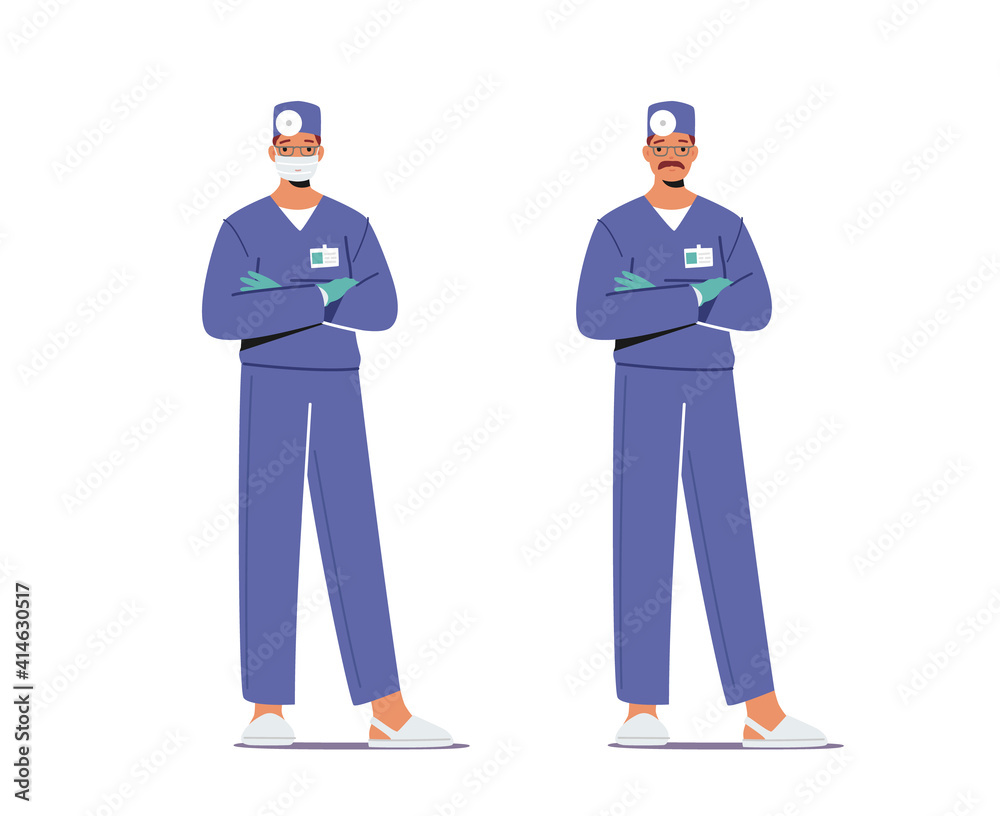 Male Doctor in Blue Medical Robe with Head Mirror Wear Mask Stand with Crossed Arms. Clinical Medicine Profession