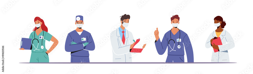Doctor Characters in Medical Robe in Row. Hospital Healthcare Staff with Stethoscope, Medic Box Notebook, Physician Doctor Characters in Medical Robe in Row. Hospital Healthcare Staff with Stethoscope, Medic Box Notebook, Physician