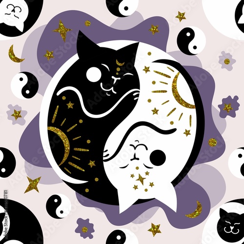 Vector seamless pattern of cats yin yang. A black and white cat sleep embracing in the form of the Chinese yin yang symbol. Design for printing on textiles, packaging, paper, wallpaper.