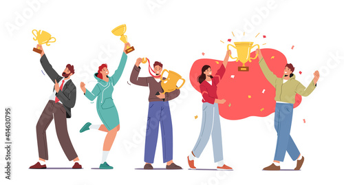 Business Team Project Success. Group of People Characters Holding Golden Goblet or Cups Celebrate Victory, Winners Prize
