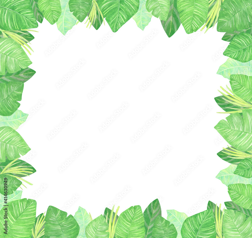 Watercolor square frame of tropical leaves. A background for invitations, advertising, postcards.