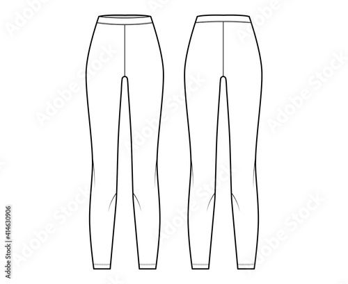 Leggings knit pants technical fashion illustration with normal waist, high rise, full length. Flat sport training, casual trousers apparel template front, back white color. Women men unisex CAD mockup