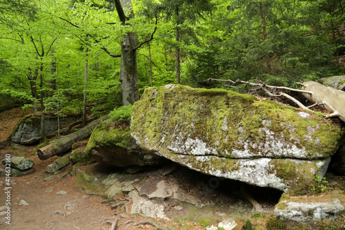 Rock formation near Wodospad Szklarki in Karkonosze Mountains in Poland