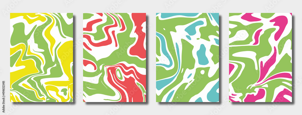 Set of cover templates. Fluid abstract background. Bright liquid texture in different colors.