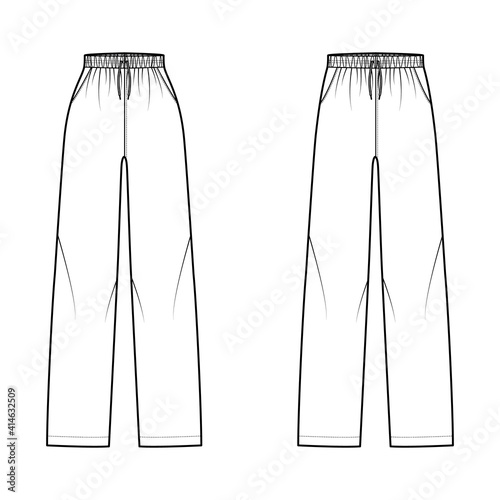 Set of Pajama pants technical fashion illustration with elastic normal low waist, high rise, full length, drawstrings, pockets. Flat trousers apparel template front, white color. Women men CAD mockup