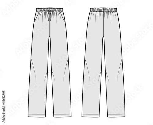 Pajama pants technical fashion illustration with elastic low waist, rise, full length, drawstrings, pockets. Flat knit trousers apparel template front, back, grey color. Women men unisex CAD mockup