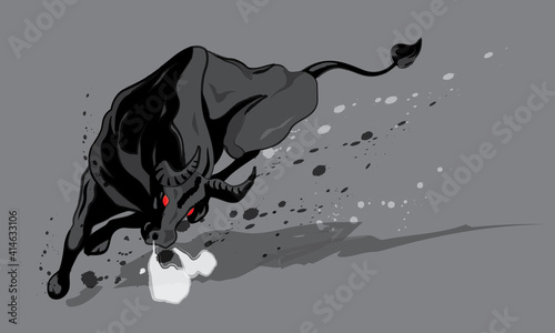 An energetic bull with ink brush effect. Vector with plain color background.