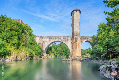 Orthez, France. View of old stone roman bridge over Ousse river