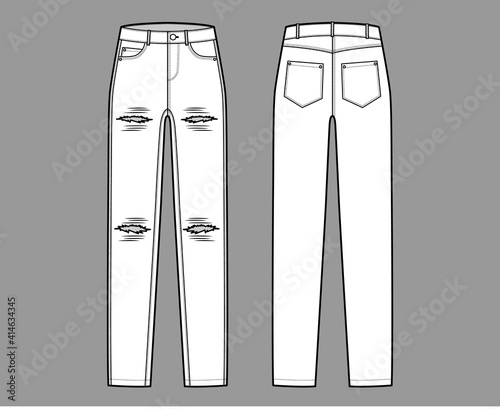 Ripped Jeans distressed Denim pants technical fashion illustration with full length, low waist, rise, coin, 5 pockets, Rivets. Flat bottom template front, back white color style. Women, men CAD mockup