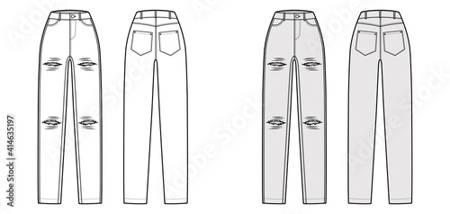 Ripped Jeans distressed Denim pants technical fashion illustration with full length, normal waist, high rise, 5 pockets, Rivets. Flat bottom front, back, white grey color style. Women, men CAD mockup