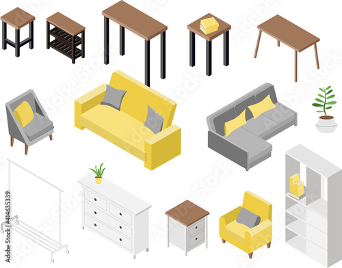 a set of furniture in an isometric style. Sofas, armchairs, tables and interior items. Huge style