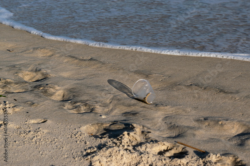 plastic cup used on the beach washed by the waves