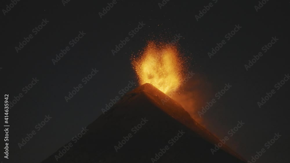 Fuego volcano eruption in the dark during Acatenango hike in Guatemala