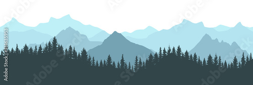 Beautiful forest on background of mountains, blue color. Silhouette of fir trees. Vector illustration.