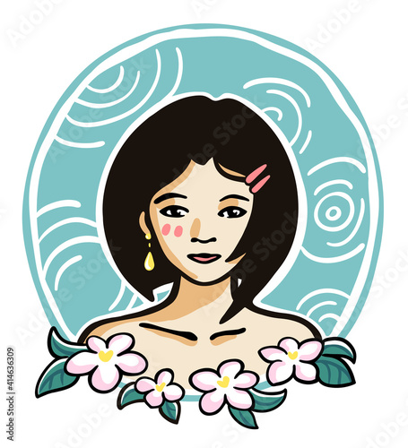 Beautiful woman face. Asian girl portrait with pink flowers on blue background. International women's day illustration.