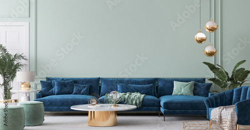 Home interior mockup with blue sofa, marble table and tiffany blue wall decor in living room, 3d render