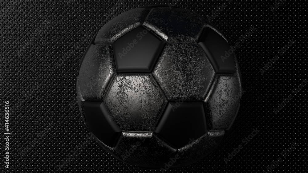 Obraz premium Rusty metallic silver-black soccer ball on spot light. 3D illustration. 3D high quality rendering.