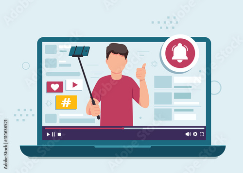 Subscribe to flat design illustration concept. Male blogger, online blogging