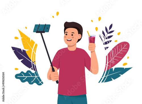 The guy takes a selfie with a cocktail. Blogger, healthy lifestyle, proper nutrition, weight loss