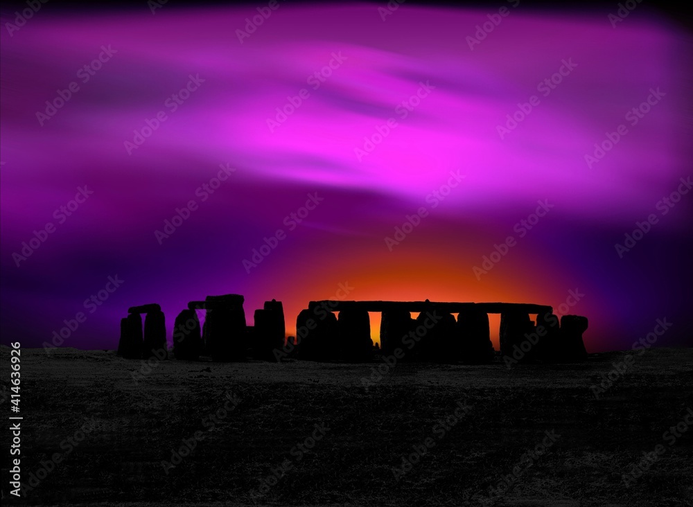Fototapeta premium stylized megalith silhouetted against dramatic evening sky