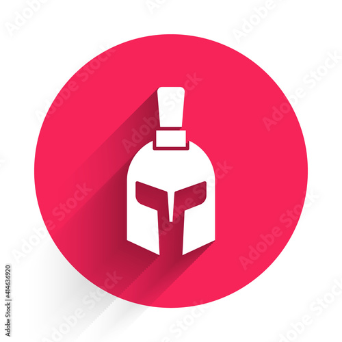 White Greek helmet icon isolated with long shadow. Antiques helmet for head protection soldiers with a crest of feathers or horsehair. Red circle button. Vector.